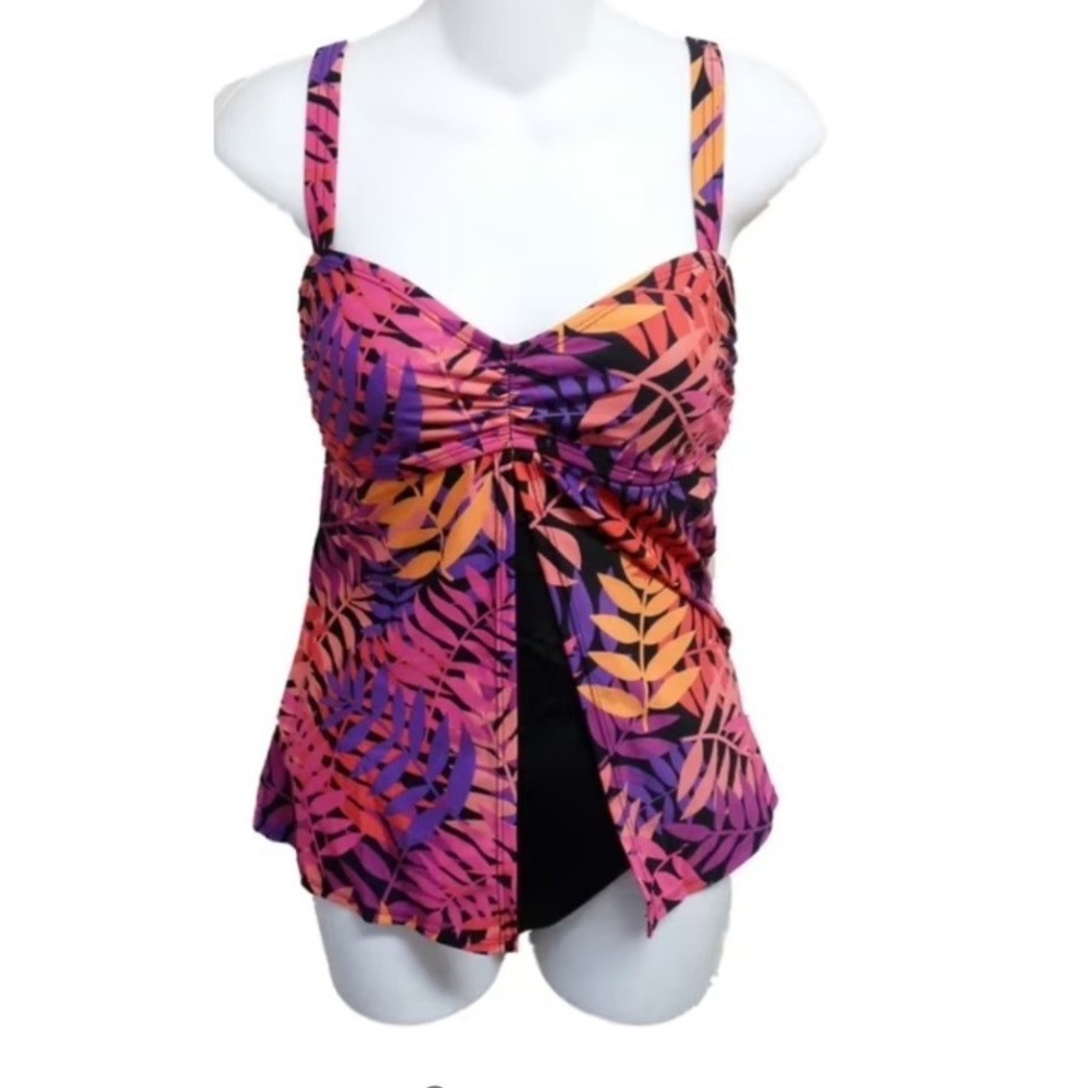 Tropical Escape Women 16 Tankini Swimsuit Pink Purple Leaf Print Flyaway Set